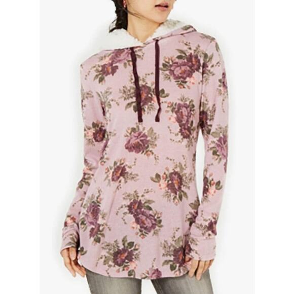 Ultra Flirt Large Gray Lightweight Sherpa Lined Hoodie Pink Floral Tunic To, L - Picture 9 of 9